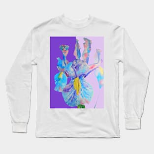 Iris Watercolor Painting - Blue with Raindrops - on Purple and Lilac Long Sleeve T-Shirt